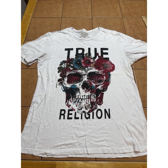 True Religion T Shirt Men's Sz‎ Medium Skull Flowers Tropical Graphic Print Crew - Picture 1 of 7